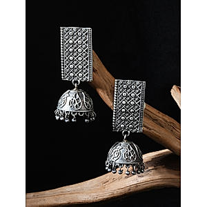 Fida Silver Plated Floral Engraved Jhumka Earrings For Women