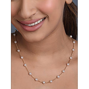 Toniq Gold Plated White Pearl Delicate Sautoir Necklace For Women
