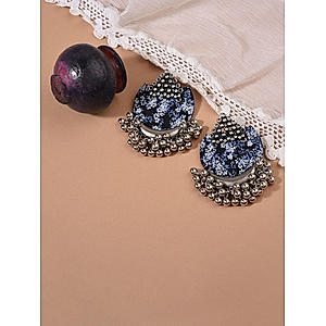 Blue Ghungroo Silver Plated Oxidised Floral Drop Earring