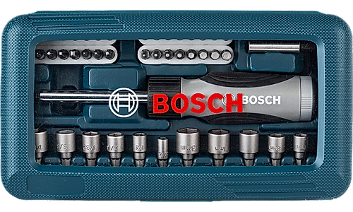 Bosch 46-Piece Blue Screwdriver set, with Screwdriver bits and 12 Nutsetters.