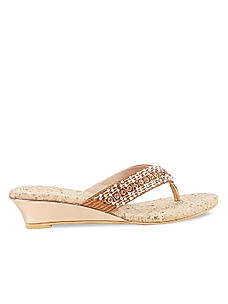 Rocia Champagne gold T-strap with  stone work wedge