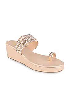 Rocia Rose Gold Women One Toe Pearl Embroidered Wedges