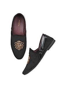 Regal Black Men Velvet Embroidered Ethnic Slip Ons