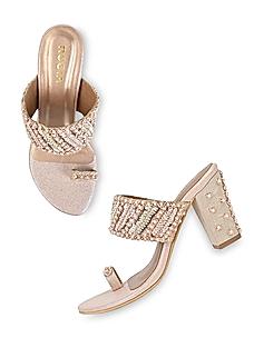 Rocia Rose Gold Women Hand Embroidered Block Heel Sandals