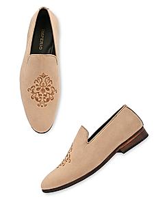 Imperio By Regal Beige Men Embroidered Suede Slip On Shoes