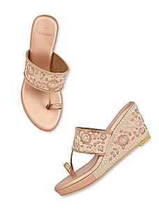 ROCIA Rose Gold Women Hand Embroidered High Wedges