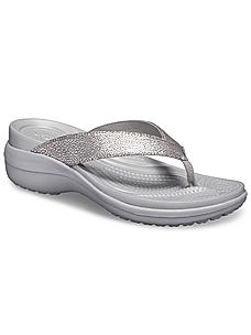 CROCS GUN METAL WOMEN CAPRI TEXTURED WEDGE FLIP FLOPS