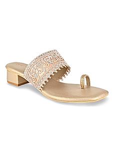 Rocia Gold Women Diamond Embellished Block Heel Sandals