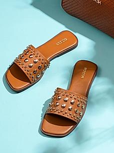 ROCIA Tan Women Casual Rivet Sliders