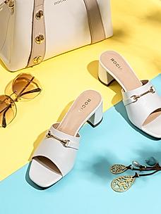 Rocia White Women Gold Buckled Block Heels