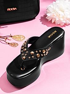 Rocia Black Women Rivet Studded Thong Wedges