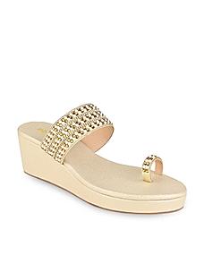 Rocia Gold Women One Toe Pearl Embroidered Wedges