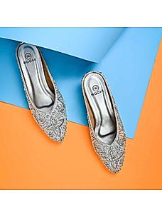Rocia Silver Women Embroidered Mojris With Heels