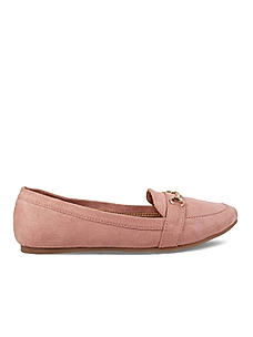 Rocia Peach suede slip on loafers with metal ornament