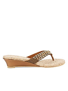 Rocia Antique gold T-strap with  stone work wedge