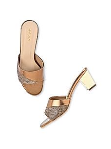 Rocia Antique Gold Women Diamond Studded Slip On Block Heels