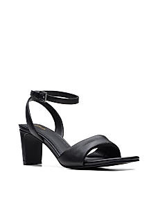 Clarks Womens Seren65 Strap Black Leather Block Heels Sandals