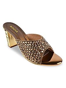 Rocia Antique Gold Women Embroidered High Block Heel Sandal