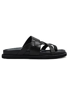 Black Strappy Leather Sliders