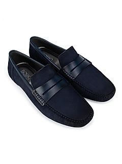 Blue Suede Moccasins With Leather Panel