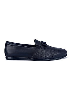 Navy Textured Loafers With Top Bow