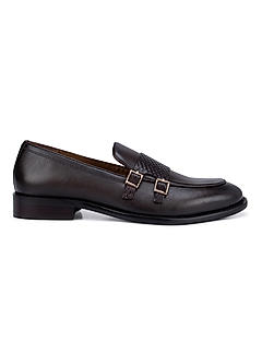 Coffee Textured Leather Double Monk Straps