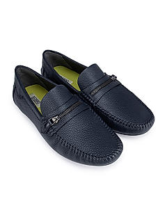 Navy Textured Moccasins With Zipper Detail