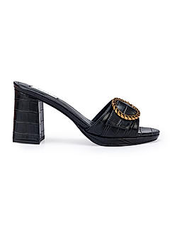 Black Croco Textured Block Heel