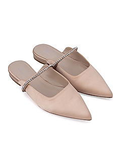 Beige Faux Suede Mules with Embellished Strap