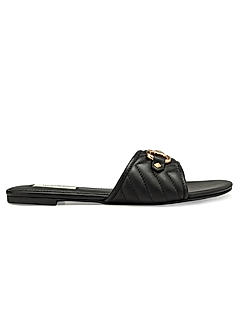 Black Leather Flats With Gold Embellishment