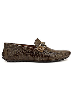 Olive Croco Textured Moccasins
