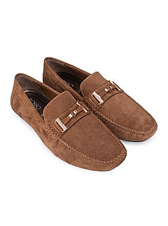 Camel Suede Moccasins With Metal  Buckle