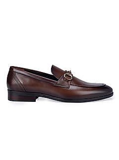 Coffee Leather Loafers with Metal Buckle