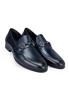 Navy Leather Loafers with Metal Buckle