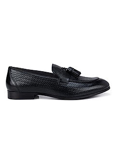 Black Textured Leather Loafers With Tassels