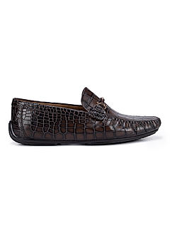 Coffee Croco Textured Moccasins With Buckle