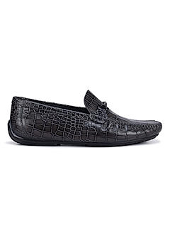 Grey Croco Textured Moccasins With Buckle