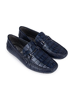 Navy Croco Textured Moccasins With Buckle