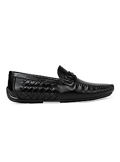 Black Weave Textured Leather Moccasins