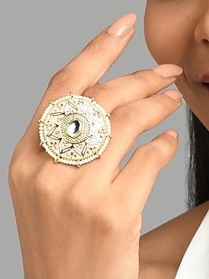 Gold-Plated White Kundan-Studded Adjustable Traditional Finger Ring