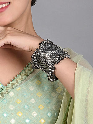 Fida Ethnic Oxidised Silver Flower Embossed Tribal Bracelet for Women