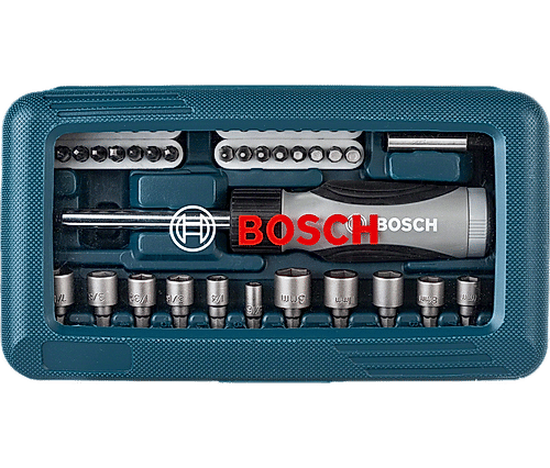 Bosch 46-Piece Blue Screwdriver set, with Screwdriver bits and 12 Nutsetters.