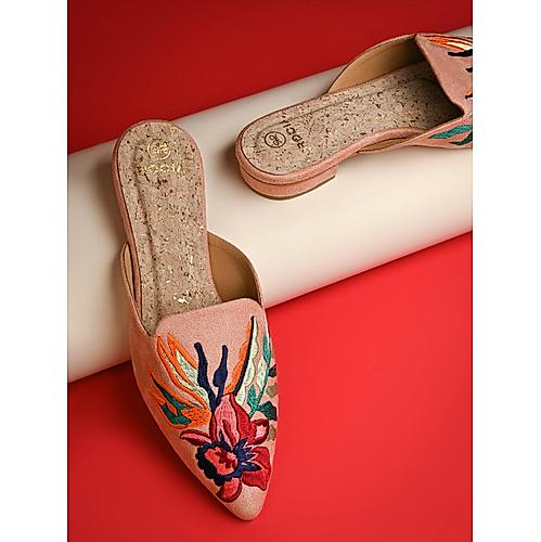 Rocia Pink Women Suede Embroidered Mules