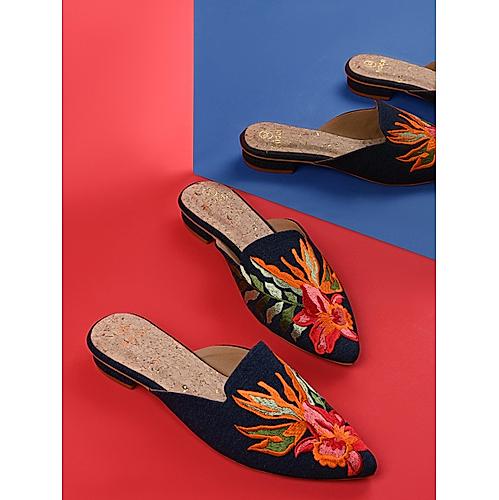 Rocia Denim Blue Women Suede Embroidered Mules