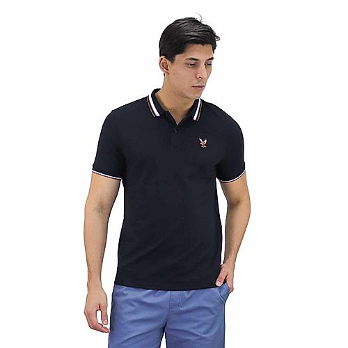 Men's Pique Flat Knit Collar Short Sleeve Eagle Embroidery Solid Color Polo