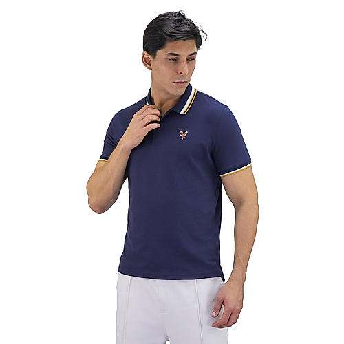 Men's Pique Flat Knit Collar Short Sleeve Eagle Embroidery Solid Color Polo