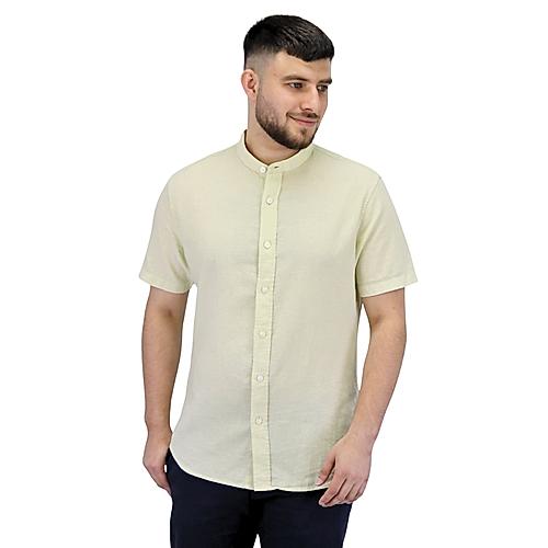 Men's Linen Cotton Band Collar Short Sleeve Slim Fit  Garment Wash Shirt