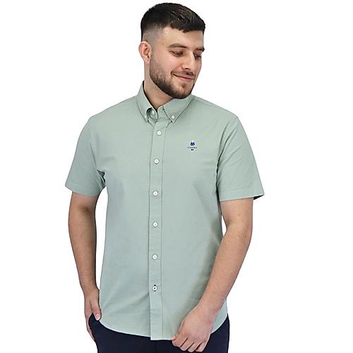 Men's Oxford Full Opening Short Sleeve Slim Fit Classic Embroidery Garment Wash Shirt