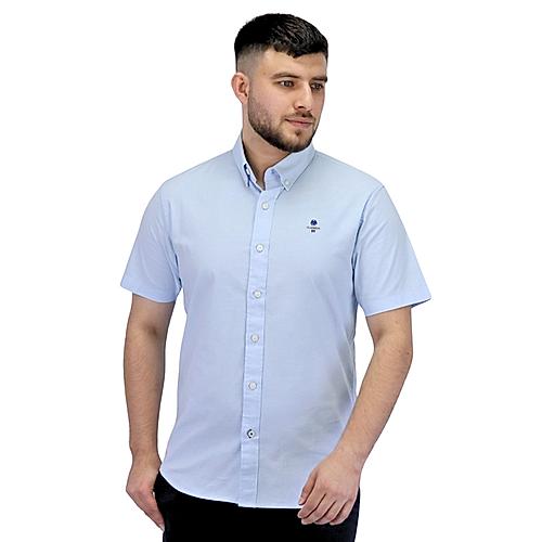 Men's Oxford Full Opening Short Sleeve Slim Fit Classic Embroidery Garment Wash Shirt