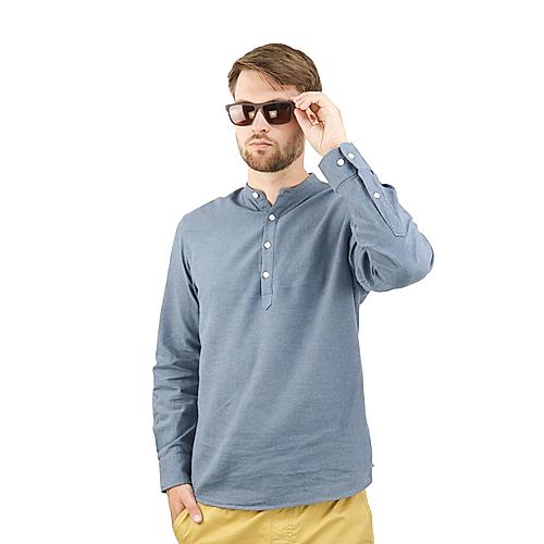 Men's Linen Band Collar Shirt